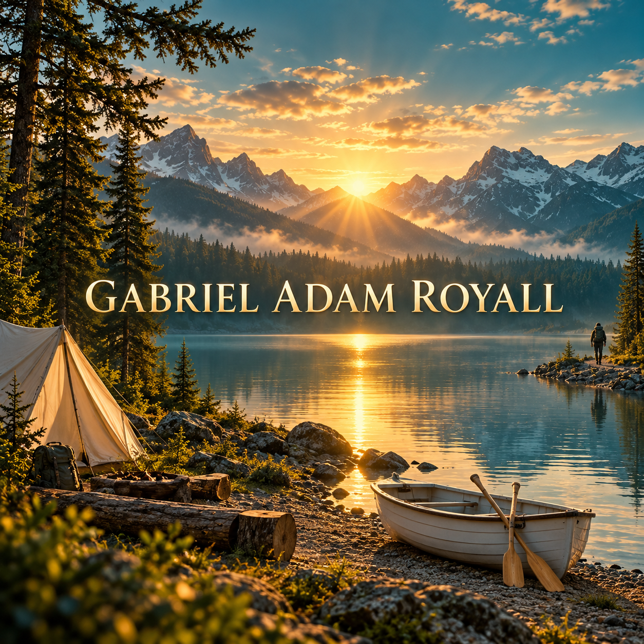 A rowboat resting beside a quiet camp at golden hour