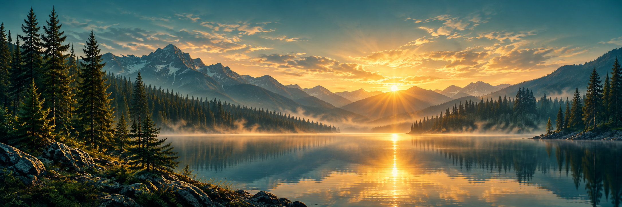 Golden sunrise over a still mountain lake